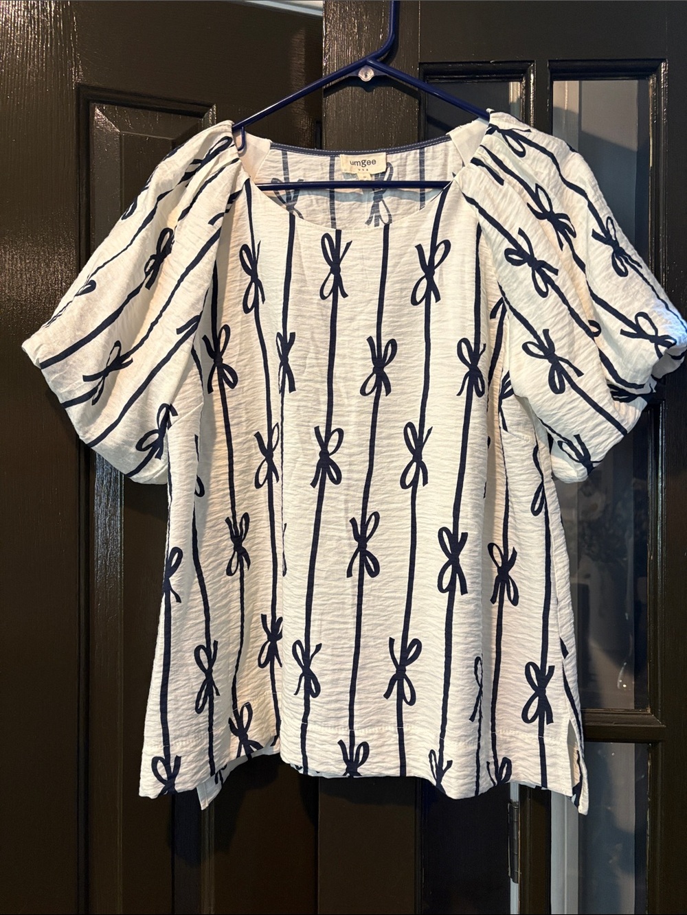 Umgee White Puff Sleeve Top with Navy Bow Stripe Print